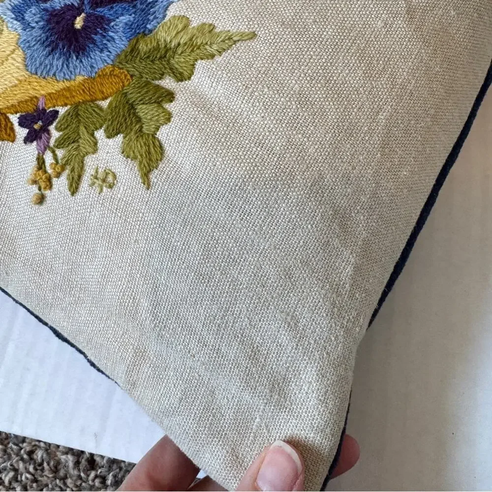Vintage Blue Floral Embroidered Throw Pillow 13.5 Square Boho Accent
